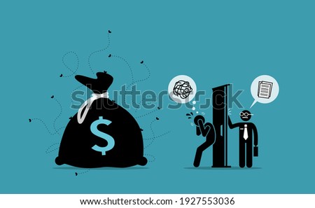 Man keeping dirty money in the house while IRS agent auditor come knocking at the door and checking account. Vector illustration concept of money laundering, illegal money, fraud and embezzlement. 