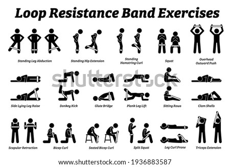 Loop resistance mini band exercises and stretch workout techniques in step by step. Vector illustrations of stretching exercises poses, postures, and methods with loop resistance band. 