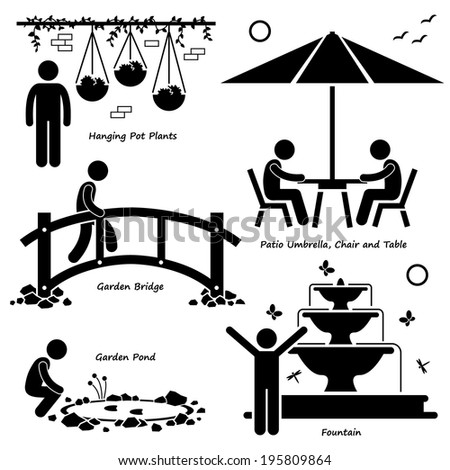 Home House Garden Outdoor Structures Fixture Decorations Stick Figure Pictogram Icon Cliparts