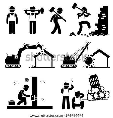 Demolition Worker Demolish Building Stick Figure Pictogram Icon Cliparts