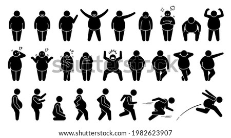 Overweight fat man basic poses and postures stick figure character pictogram. Vector illustrations depict obese men or human male with different emotions, feelings, poses, actions, and movements. 