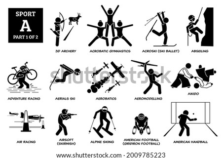 Sport games alphabet A vector icons pictogram. 3D archery, acrobatic gymnastics, acroski, abseiling, adventure racing, aerials ski, aikido, airsoft, alpine skiing, American Football, and Handball.