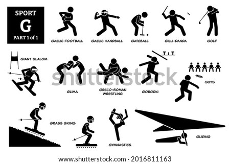 Sport games alphabet G vector icons pictogram. Gaelic football, handball, gateball, gillidanda, golf, giant slalom, glima, greco-roman wrestling, gorodki, guts, grass skiing, gymnastics, and gliding.
