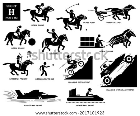 Sport games alphabet H vector icons pictogram. Horse racing, polo, soccer, harness racing, horseball, horseback archery, pitching, hill climb motorcycle, formula offroad, hydroplane, and hovercraft.