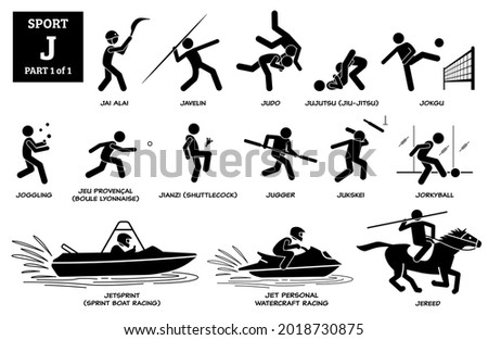 Sport games alphabet J vector icons pictogram. Jai alai, javelin, judo, jujutsu, jiu-jitsu, jokgu, joggling, jugger, jukskei, jorkyball, jetsprint, sprint boat racing, PWC racing, and jereed. 
