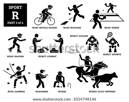 Sport games alphabet R vector icons pictogram. Road bicycle racing, bowling, tennis, skating, robot combat, robot soccer, sport, rock climbing, rogaining, roque, and rodeo calf roping.  Foto stock © 