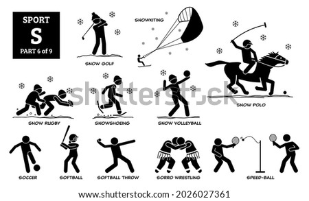 Sport games alphabet S vector icons pictogram. Snow golf, snowkiting, snow rugby, snowshoeing, snow volleyball, snow polo, soccer, softball, softball throw, sorro wrestling, and speed-ball. 