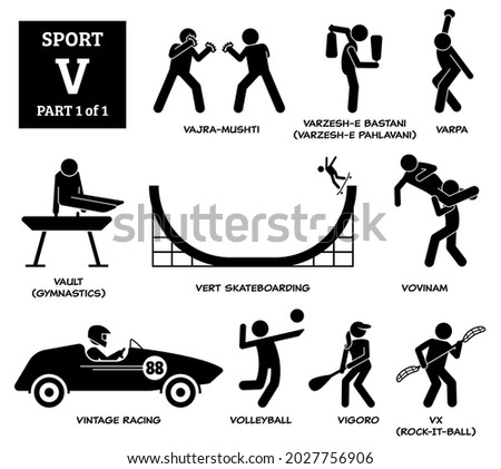 Sport games alphabet V vector icons pictogram. Vajra-mushti, varzesh-e Bastani, varpa, vault gymnastic, vert skateboarding, vovinam, vintage racing, volleyball, vigoro, and vx rock-it-ball. 