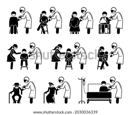Vaccine vaccination injection for people stick figure pictogram icon. Vector illustrations depict doctor or nurse giving vaccine injection to man, woman, pregnant, children, baby, elderly and sick. 