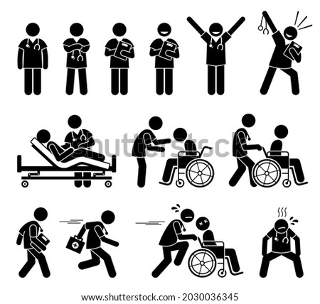 Male nurse and doctor attending to patient stick figure pictogram icon. Vector illustrations depict male nurse and doctor poses, working, and actions at hospital. 