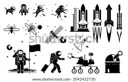 Modern History Space Age and Exploration. Vector illustrations depict human sending dog, monkey, and fruit fly to space. Human astronaut and rocket flying to space and landing at moon.