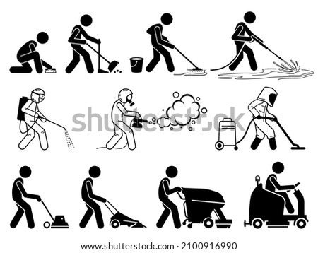 Commercial and industrial cleaning services worker with equipment. Vector illustrations of people sweeping, cleaning, washing, vacuuming, and disinfect for hygiene. 