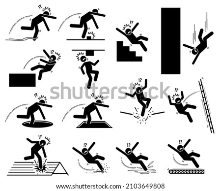 Warning sign, danger risk symbol, and safety precaution at workplace. Vector illustrations pictogram of entangle, slip, trip, fell down, hole, staircase, slippery, fragile roof, and moving floor.  Сток-фото © 