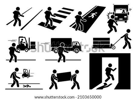 Road safety walkway and heavy vehicle loading bay. Warning sign, danger risk symbol, and safety precaution at workplace. People road crossing, docking bay, lorry forklift moving, and emergency exit. 