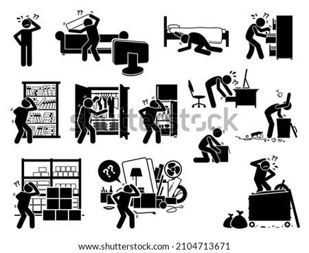 Man searching and finding lost things. Vector illustrations of stick figure search and find items at sofa, under the bed, cabinet, closet, book shelf, fridge, drawer, dustbin, storeroom, garbage bin.