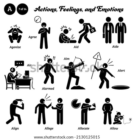 Stick figure human people man action, feelings, and emotions icons starting with alphabet A. Agonize, agree, aid, aide, air, alarmed, aim, alert, align, allege, allocate, and allow.