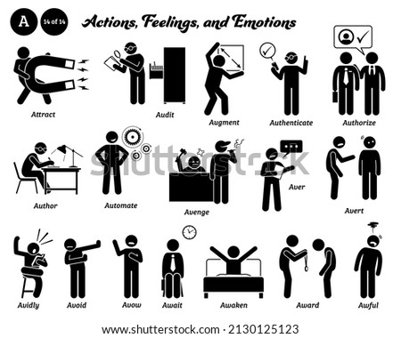 Stick figure human people man action, feelings, and emotions icons starting with alphabet A. Attract, audit, augment, authenticate, authorize, author, automate, avenge, avoid, await, awaken, awful. 