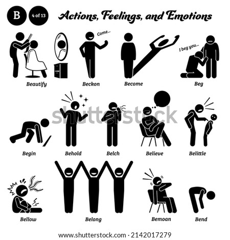 Stick figure human people man action, feelings, and emotions icons starting with alphabet B. Beautify, beckon, become, beg, begin, behold, belch, believe, belittle, bellow, belong, bemoan, and bend. 商業照片 © 
