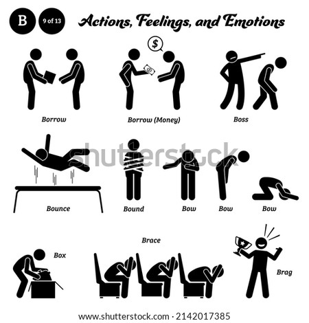 Stick figure human people man action, feelings, and emotions icons starting with alphabet B. Borrow, borrow money, boss, bounce, bound, bow, box, brace, and brag.