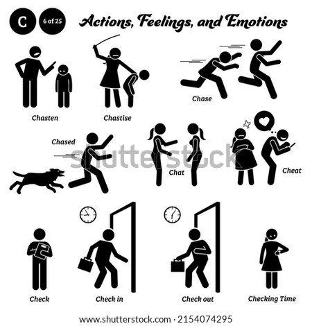 Stick figure human people man action, feelings, and emotions icons starting with alphabet C. Chasten, chastise, chase, chased, chat, cheat, check in out, and checking time.