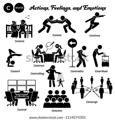 Stick figure human people man action, feelings, and emotions icons starting with alphabet C. Content, contest, continue, contort, contract, contradict, contribute, control, convene, and converge.