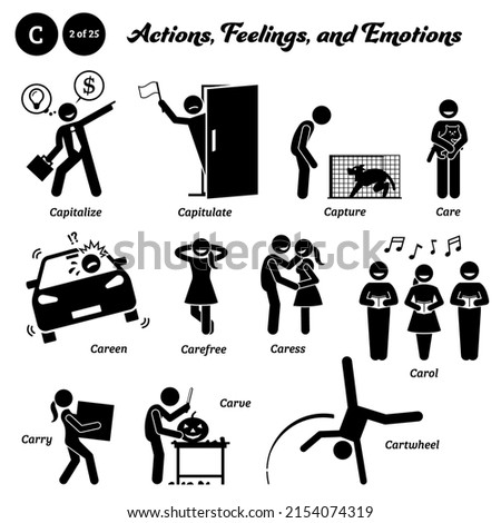 Stick figure human people man action, feelings, and emotions icons starting with alphabet C. Capitalize, capitulate, capture, care, careen, carefree, caress, carol, carry, carve, and cartwheel.