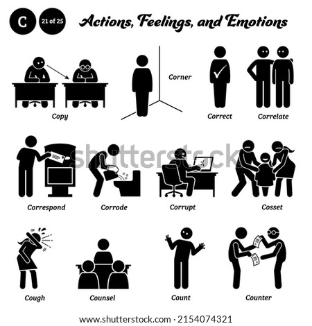 Stick figure human people man action, feelings, and emotions icons starting with alphabet C. Copy, corner, correct, correlate, correspond, corrode, corrupt, cosset, cough, counsel, count, and counter. Stock foto © 