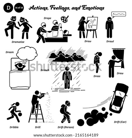 Stick figure human people man action, feelings, and emotions icons alphabet D. Dramatize, drape, draw, drawl, dream, drench, dress, drew, dribble, drill, drifter, and car drifting. 