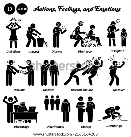 Stick figure human people man action icons alphabet D. Disbelieve, discard, discern, discharge, discipline, disclaim, disclose, discombobulate, discover, discourage, discriminate, discuss, disentangle