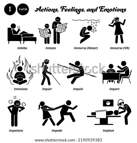 Stick figure human people man action, feelings, and emotions icons alphabet I. Imbibe, imitate, immerse water, immerse VR, immolate, impair, impale, impart, impatient, impede, and implant.