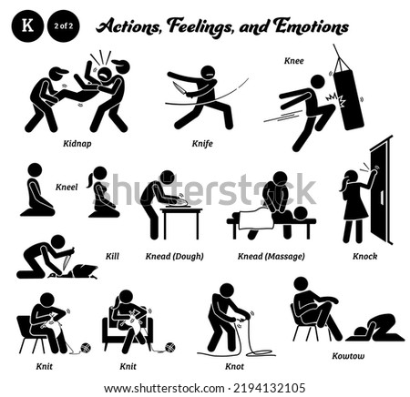 Stick figure human people man action, feelings, and emotions icons alphabet K. Kidnap, knife, knee, kneel, kill, knead, knock, knit, knot, and kowtow. 