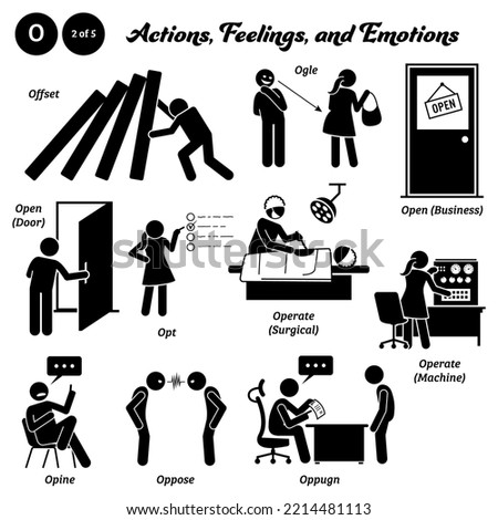 Stick figure human people man action, feelings, and emotions icons alphabet O. Offset, ogle, open, business, door, opt, operate, surgical, machine, opine, oppose, and oppugn. 
