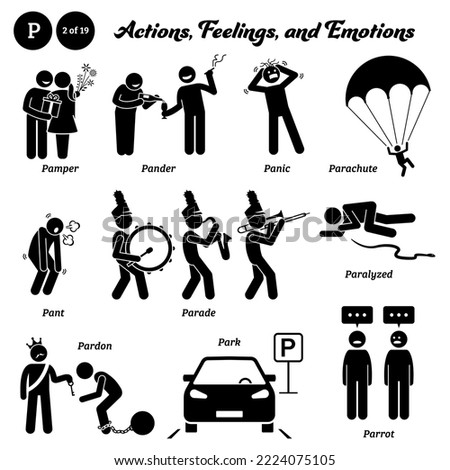 Stick figure human people man action, feelings, and emotions icons alphabet P. Pamper, pander, panic, parachute, pant, parade, paralyzed, pardon, park, and parrot. 