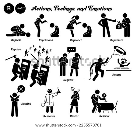 Stick figure human people man action, feelings, and emotions icons alphabet R. Repress, reprimand, reproach, repudiate, repulse, request, rescue, rescind, research, resent, and reserve.  Foto stock © 