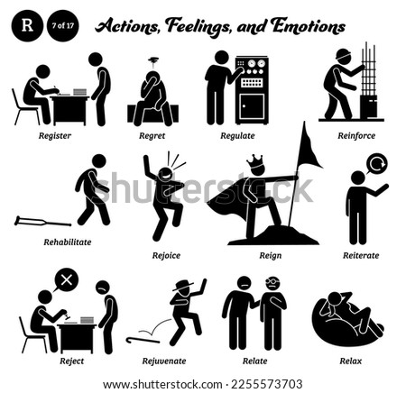 Stick figure human people man action, feelings, and emotions icons alphabet R. Register, regret, regulate, reinforce, rehabilitate, rejoice, reign, reiterate, reject, rejuvenate, relate, and relax. Foto stock © 