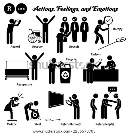 Stick figure human people man action, feelings, and emotions icons alphabet R. Record, recover, recruit, rectify, recuperate, recycle, redeem, reduce, reel, refer manual, and people. Foto stock © 