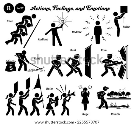 Stick figure human people man action, feelings, and emotions icons alphabet R. Race, radiant, radiate, raise, rake, raid, ram, rally, rage, and ramble. Foto stock © 