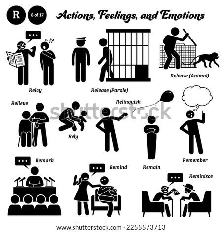 Stick figure human people man action, feelings, and emotions icons alphabet R. Relay, release, parole, animal, relieve, rely, relinquish, remain, remember, remark, remind, and reminisce.  Foto stock © 