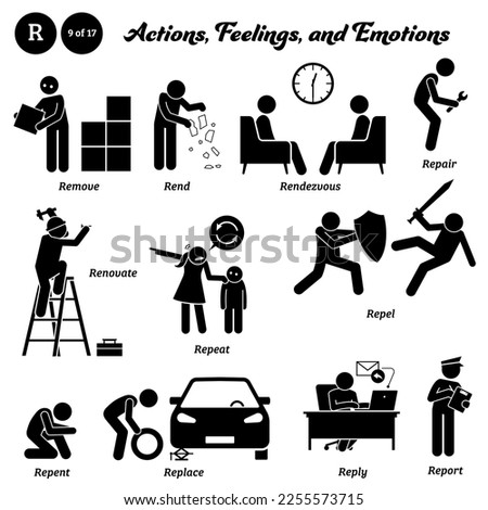 Stick figure human people man action, feelings, and emotions icons alphabet R. Remove, rend, rendezvous, repair, renovate, repeat, repel, repent, replace, reply, and report. 