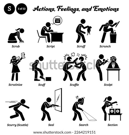 Stick figure human people man action, feelings, and emotions icons alphabet S. Script, scrub, scruff, scrunch, scrutinize, scuff, scuffle, sculpt, sculptor, scurry, scuttle, seal, search, and section.