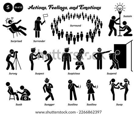 Stick figure human people man action, feelings, and emotions icons alphabet S. Surprised, surrender, surround, sustain, survey, suspect, suspicious, suspend, swab, swagger, swallow, and swap.