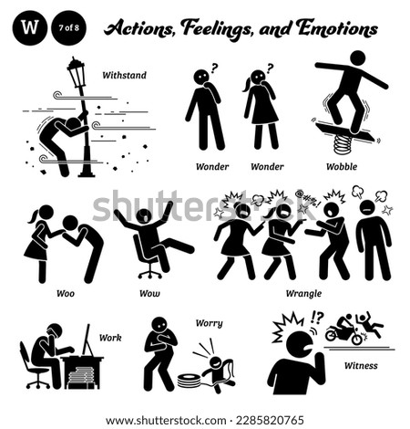 Stick figure human people man action, feelings, and emotions icons alphabet W. Withstand, wonder, wobble, woo, wow, wrangle, work, worry, and witness. 