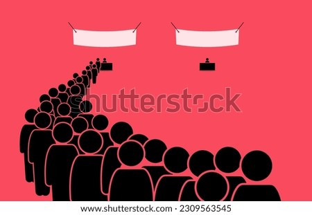 Contrasting seller scenes. One shop with overflowing demand and long queue, while another is idle and has no business. Vector illustration depict concept of demand, popular, buzz, success and failure.