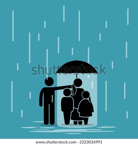 Father holding an umbrella sheltering his family from rain while sacrificing himself wet outside the umbrella. Vector illustration depicts concept of love, sacrifice, devotion, guardian, and care.