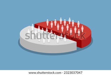 Pie chart showing people are split into 50 50 percent in survey and census. Vector illustration depicts concept of different group, equal tally, demographic, same result, and opposite team. 