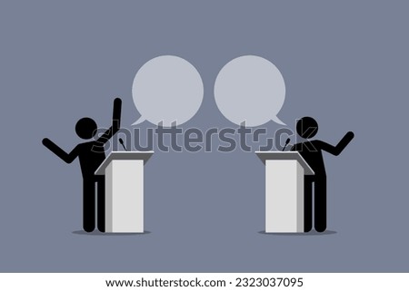 Two speaker debate and argue on a podium. Vector illustration depicts concept of argument, political point of view, disagreement, discussion, different opinions, and presentation. 