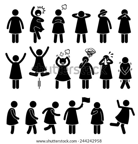 Human Female Girl Woman Action Poses Postures Stick Figure Pictogram Icons