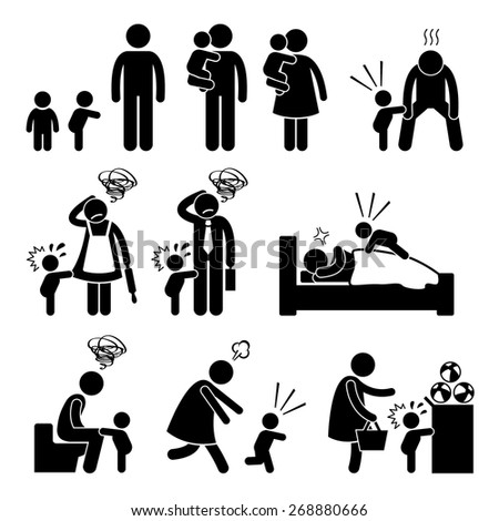 Bad Temper Toddler Baby Tantrum with Mother and Father Stick Figure Pictogram Icons