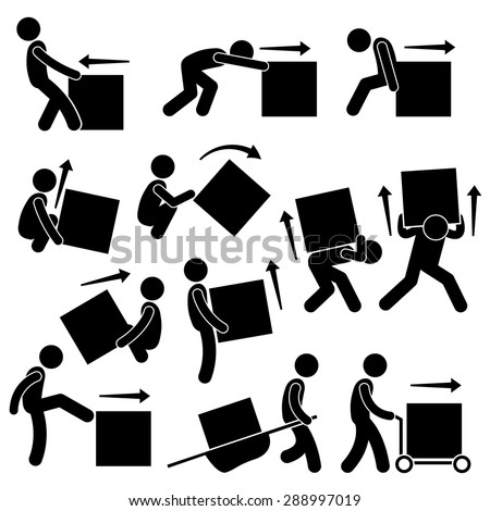 Man Moving Box Actions Postures Stick Figure Pictogram Icons