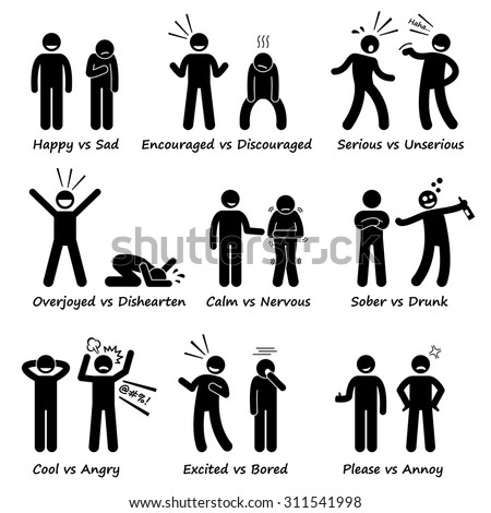 Stick Figure Pictogram Icons depicting Opposite Feeling Emotions, Positive vs Negative Actions